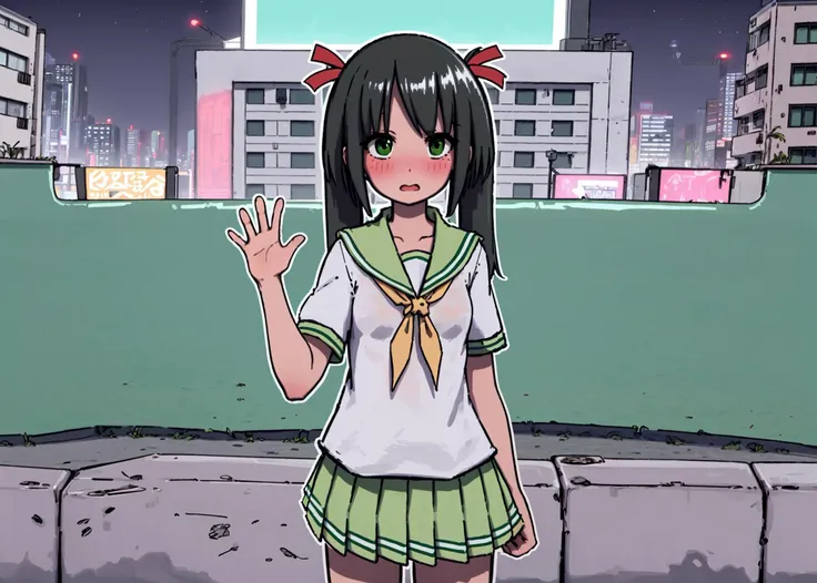 1girl, solo, green eyes, twintails, green skirt, pleated skirt, black hair, hair ribbon, blush, white shirt, green sailor collar, red neckerchief, (cowboy shot, jaggy lines, white outline), confused, waving, colorful, high tech, cyberpunk, city, neon banners, night, moon
<lyco:radiopulsar_v3-000015-32rank:1>