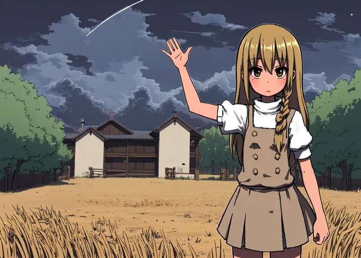 1girl, solo, (kirisame marisa:1.3), (cowboy shot, jaggy lines, white outline), lonely, waving, night, night sky, dark, cloudy sky, dark night, low color gamma, dark colors, low brightness
<lyco:radiopulsar_v3-000015-32rank:1>