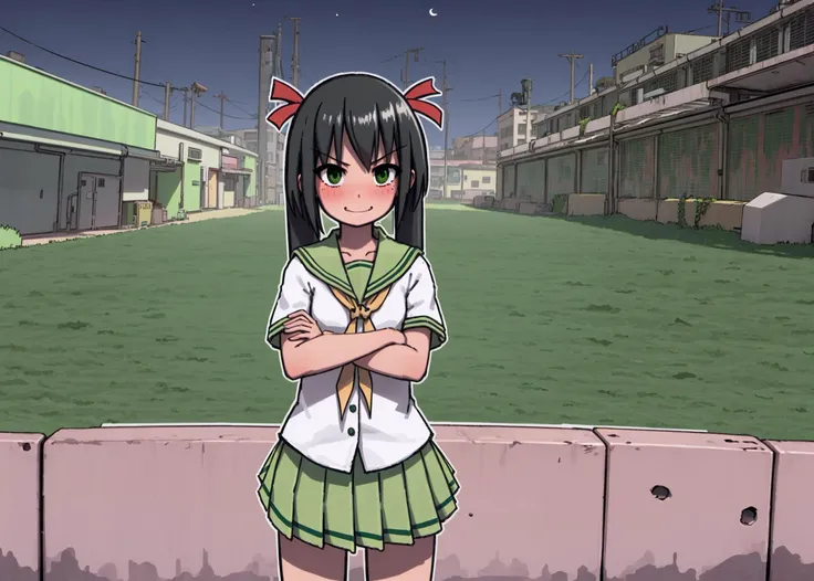 1girl, solo, green eyes, twintails, green skirt, pleated skirt, black hair, hair ribbon, blush, white shirt, green sailor collar, red neckerchief, (cowboy shot, jaggy lines, white outline), evil smirk, crossed arms, colorful, high tech, cyberpunk, city, neon banners, night, moon
<lyco:radiopulsar_v3-000015-32rank:1>