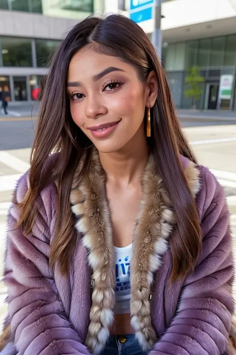 closeup portrait photo, beautiful latina woman posing for the camera in downtown los angeles, sitting on bench, xxlayna, (wearing fur coat:1.2), smiling, sharp eyes, dark, low lighting, portrait, hyper detailed, detailed face, POV, by lee jeffries nikon d850 film stock photograph 4 kodak portra 400 camera f1.6 lens rich colors hyper realistic lifelike texture dramatic lighting unrealengine trending on artstation cinestill 800