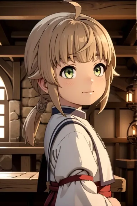 <lora:norn-000025:0.6>
one 8-year old girl, (norn greyrat), standing in a medieval tavern
she is looking at viewer,  her face is detailed and smooth, her eyes are hyper detailed, masterpiece
The soft lighting and detailed surroundings create an immersive environment where imagination runs wild,
draw it in the style of mushoku tensei,
hyper-detailed, high quality visuals, dim Lighting, sharply focused, octane render, 8k UHD