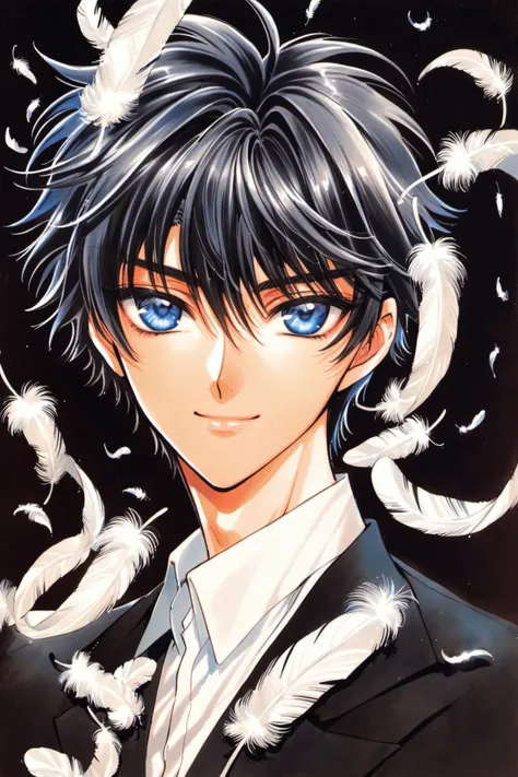 1boy, solo, feathers, male focus, blue eyes, black hair, smile, black background, traditional media, looking at viewer, white feathers, marker (medium), closed mouth, <lora:X_XL:0.8>
