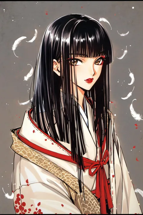 adolescent, Bblack hair, one eye black and the other yellow, kimono all torn and very pale yellow in color, body scratches and bleeding, and holding a knife