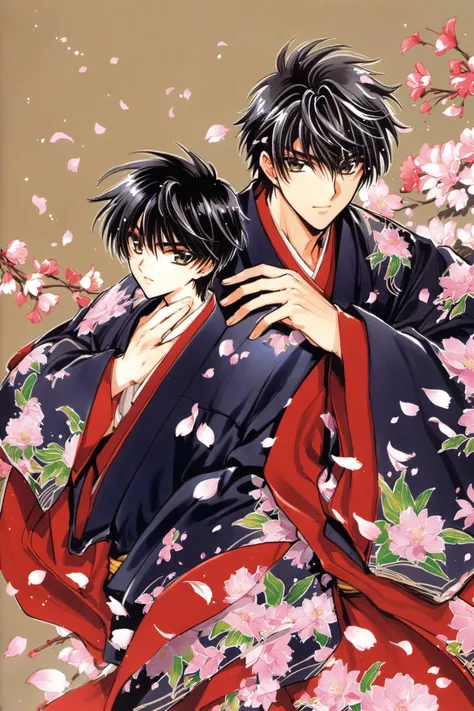 X,1boy,Kamui Shirou, male focus, solo, black hair, flower, japanese clothes, kimono, letterboxed, petals, traditional media, <lora:X_XL:0.8>
