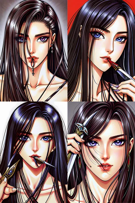 hyper realistic, DnD portrait of a young thief girl with long dark hair and an eye path, holding a dagger between her teeth, masterpiece, trending on artstation, award-winning, 8k hq,
<lora:X:1>