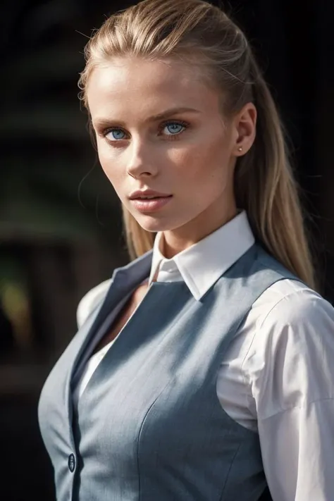 photo of M4r3nTsch1nk3l_HM-135, a woman, perfect hair, (modern photo), wearing button-up shirt, vest, slacks, 70mm short telephoto (analog, cinematic, film grain:1.3), Time Travel Facility, Advanced facility with portals, time machine, and scientists studying temporal fabric., detailed eyes, professional pose, (epiCPhoto), (looking at viewer:1.1), (cinematic shot:1.3), (butterfly style lighting), OverallDetail, SkinHairDetail