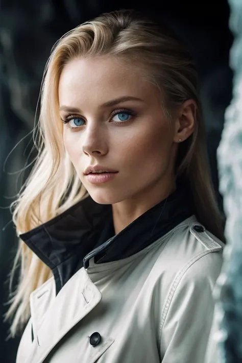 photo of M4r3nTsch1nk3l_HM-135, a woman, perfect hair, (modern photo), wearing trench coat, t-shirt, jeans, 35mm short telephoto (analog, cinematic, film grain:1.3), Frozen Planet Ice Caverns, Planet of vast ice caverns, frozen waterfalls, and frosty chambers., detailed eyes, professional pose, (epiCPhoto), (looking at viewer:1.1), (cinematic shot:1.3), (Rembrandt style lighting), OverallDetail, SkinHairDetail