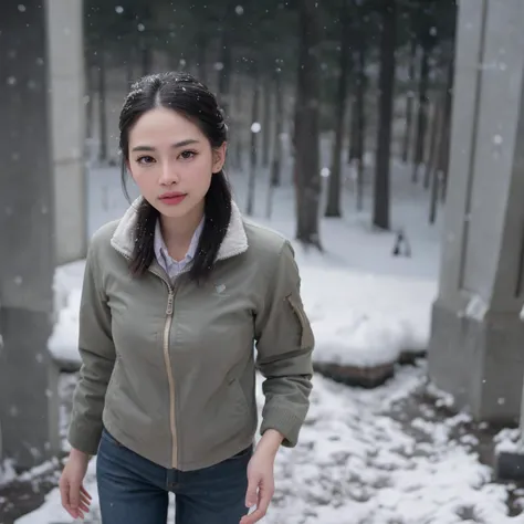 cinematic film still thai, beautiful face, beautiful eyes, mountain climber reaching the summit, jacket, snow, snowing, happy, looking at viewer, from above <lora:thai:1> . shallow depth of field, vignette, highly detailed, high budget, bokeh, cinemascope, moody, epic, gorgeous, film grain, grainy