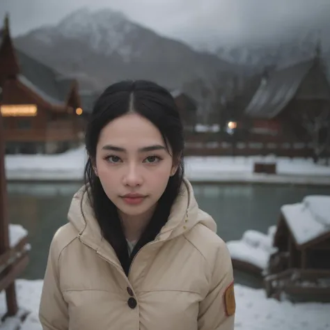 cinematic film still thai, beautiful face, beautiful eyes, mountain climber reaching the summit, jacket, snow, snowing, happy, looking at viewer, from above <lora:thai:1> . shallow depth of field, vignette, highly detailed, high budget, bokeh, cinemascope, moody, epic, gorgeous, film grain, grainy