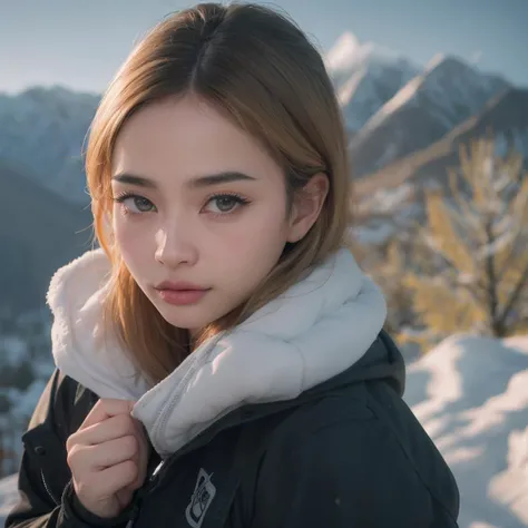 cinematic film still thai, beautiful face, beautiful eyes, mountain climber reaching the summit, jacket, snow, snowing, happy, looking at viewer, from above <lora:thai:1> . shallow depth of field, vignette, highly detailed, high budget, bokeh, cinemascope, moody, epic, gorgeous, film grain, grainy