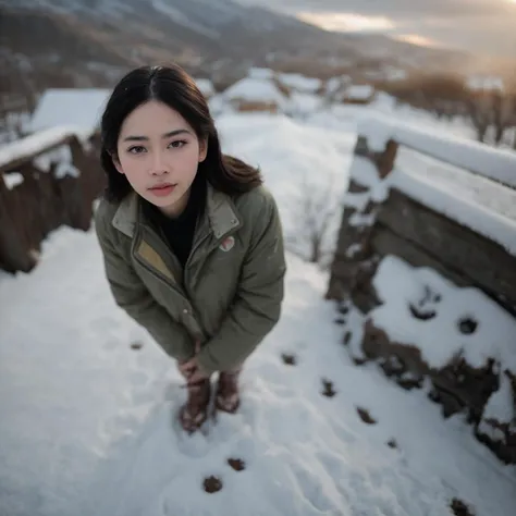 cinematic film still thai, beautiful face, beautiful eyes, mountain climber reaching the summit, jacket, snow, snowing, happy, looking at viewer, from above <lora:thai:1> . shallow depth of field, vignette, highly detailed, high budget, bokeh, cinemascope, moody, epic, gorgeous, film grain, grainy