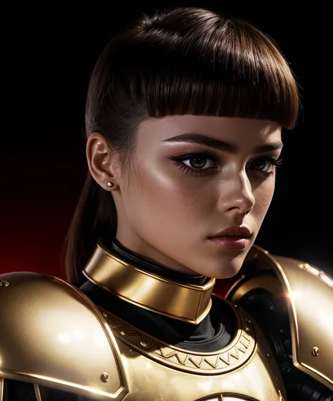 1980s warrior, armor, gold , red, lights, the background (young:1.3) fringe, short, photo,8k,sharp focus, face beautiful, Best quality, masterpiece, ultra high res, (photorealistic:1.4), eyelashes eyes, raw photo, cinematic lighting,