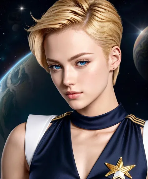 Sailor Uranus has a distinct androgynous appearance. She has short blond hair and blue eyes. She wears a Sailor Guardian uniform that features the colors navy blue and gold. Her Sailor Guardian symbol is a stylized planetary symbol for Uranus.