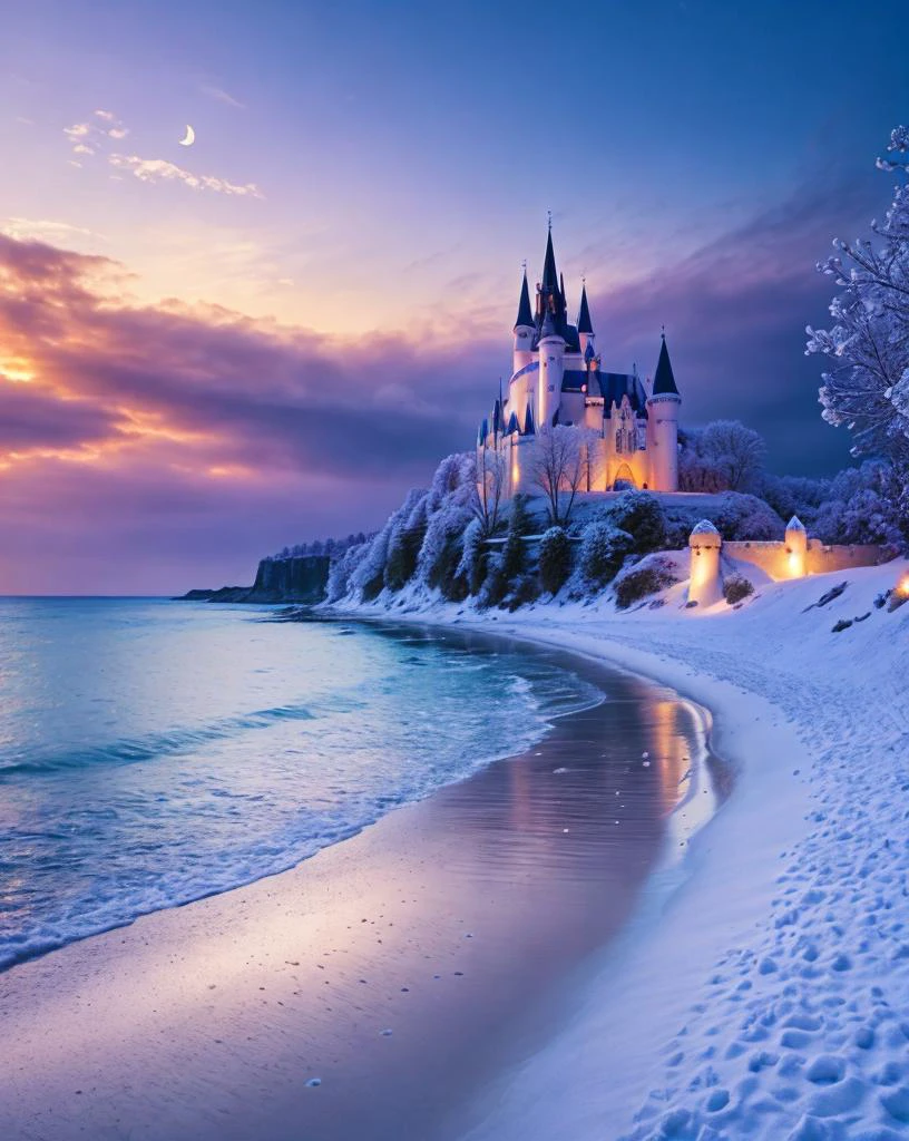 castle, flowers, delicate scene, sky,white clouds,and sunlight shine on the snow-white beach. flowers roses and shiny large shells, diamond crystal, on the beach, fantasy, sky night , moon, smoke , fire, photo, HD, 8K ,