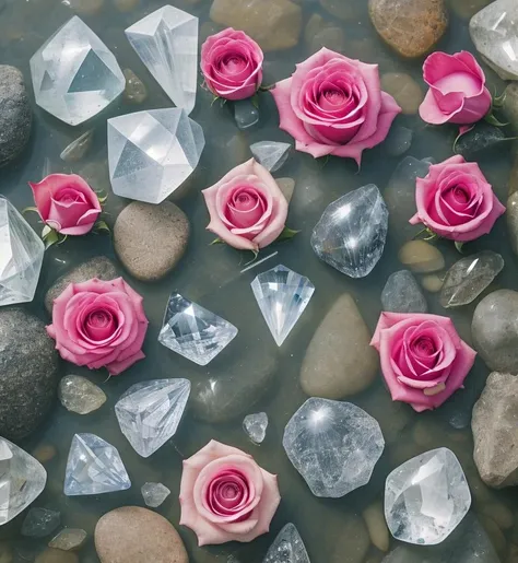 flowers roses, stones transparent and diamond crystal in water