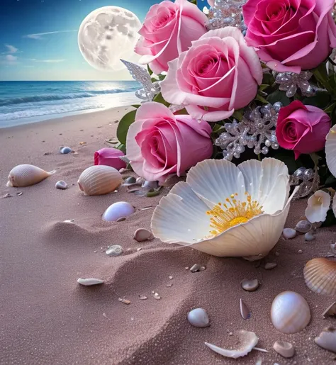 Splash,explotion, flowers roses and shiny large shells, diamond crystal, on the beach, fantasy, sky night , moon, smoke , photo, HD, 8K , realistic, HD, intricate, 8k, highly detailed,fun, sharp focus,