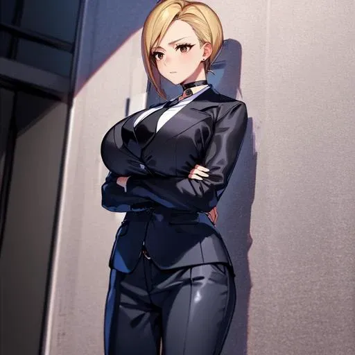 (masterpiece:1.1), <lora:ffvii_elena-10 elena by justtnp:0.75>, solo, ff7elena, formal, suit, black necktie, black pants, beautiful woman, enormous breasts, wistful and hopeful expression, parted hair, blazer, choker, shinra headquarters, standing, hands clasped, distant gaze,, (Detailed face:1), (detailed eyes:1),