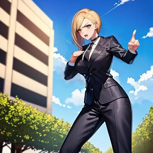 (masterpiece:1.1), <lora:ffvii_elena-10 elena by justtnp:0.75>, solo, ff7elena, formal, suit, black necktie, black pants, beautiful woman, enormous breasts, parted hair, blazer, choker, outdoors, standing, shouting, angry,, (Detailed face:1), (detailed eyes:1),