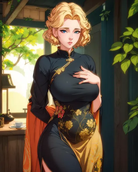 masterpiece, best quality, volumatic light, ray tracing, extremely detailed CG unity 8k wallpaper, a woman, (hiding hands behind back:1.4), 33 years old, big eyes, blonde hair, chinese dress, bust shot, wild forest, wind