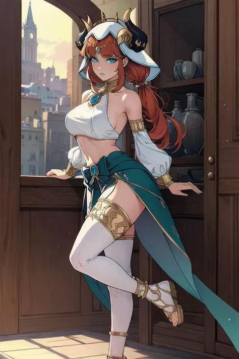 nilou, <lora:niloutest:1>, nilou, red hair, twintails, blue eyes, long hair, BREAK blue skirt, bracer, circlet, crop top, dancer, detached sleeves, fake horns, gladiator sandals, gold footwear, gold trim, horns, jewelry, long sleeves, neck ring, puffy long sleeves, puffy sleeves, sandals, skirt, thighlet, thighs, veil, white headwear, white sleeves, white veil, BREAK looking at viewer, BREAK city, BREAK <lora:GoodHands-vanilla:1>, (masterpiece:1.2), best quality, high resolution, unity 8k wallpaper, (illustration:0.8), (beautiful detailed eyes:1.6), extremely detailed face, perfect lighting, extremely detailed CG, (perfect hands, perfect anatomy),