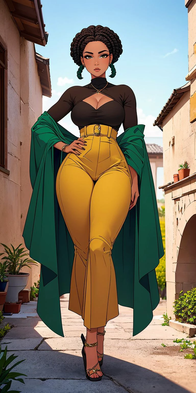 1 girl, adult arab woman, dark brown eyes, green box braids,, wedge cut hair, stonepunkAI, stone