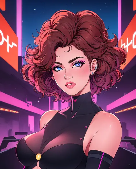 1 girl, adult woman, ruby eyes, copper afro,, lob hair, 1980s futuristic synthwave, bladerunner
