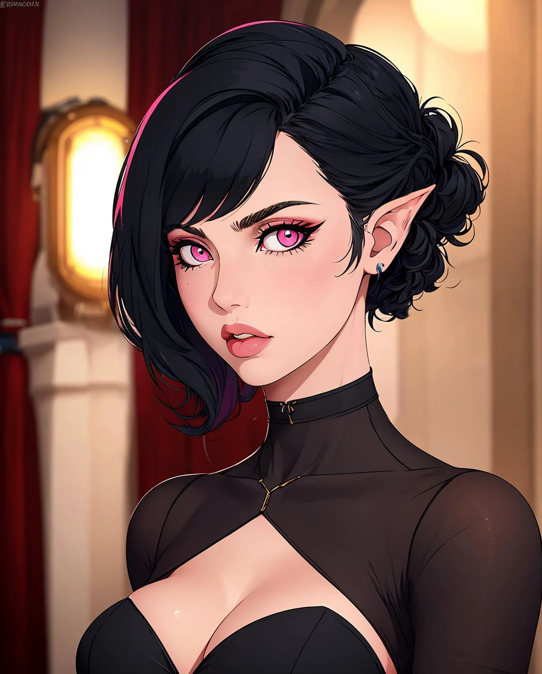 1 girl, adult (elven:0.7) woman, pink eyes, black spiky hair,, prom hairstyle, bioshock