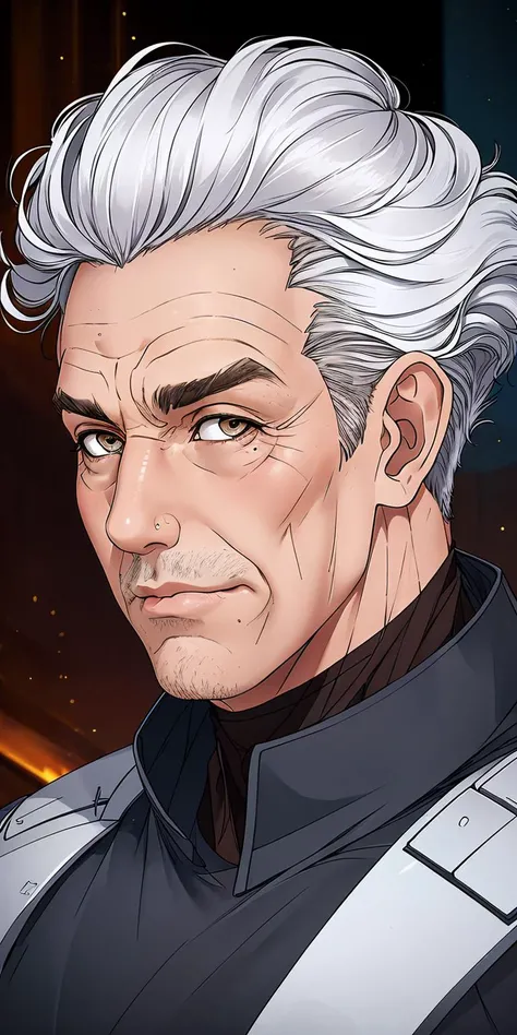 (1man, wrinkled face, old male:1.2), wise, dark brown eyes, white hair, short back and sides,, blowout hair, startrek