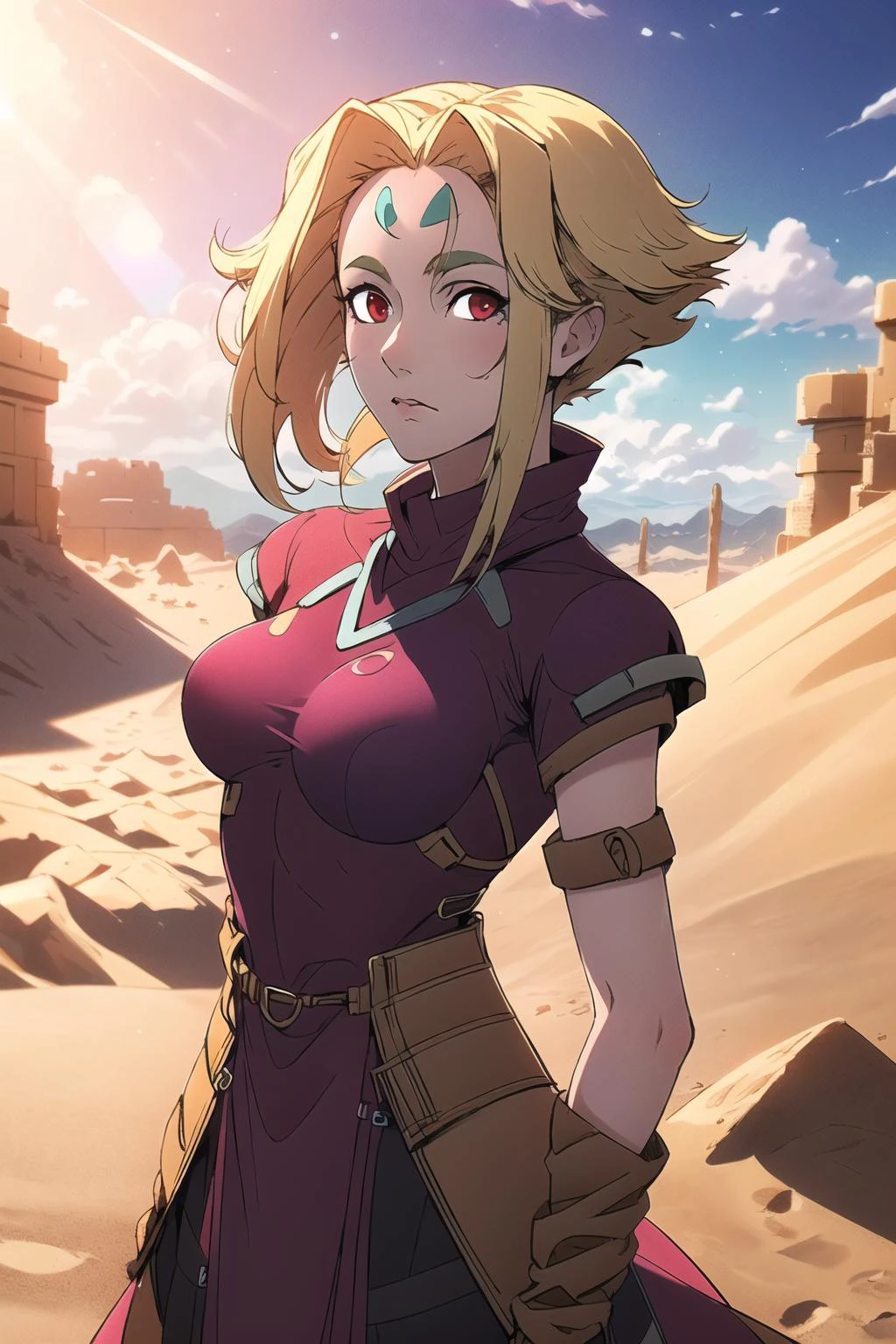 masterpiece, soft shadows, 1girl, fiona \(zoids\:1.10), pink dress, adult, medium breasts, red eyes, blonde hair, forehead mark, hero pose, wind blowing, beautiful, outside, sand, desert, sky, sun, lens flare <lora:FionaZoids:1>