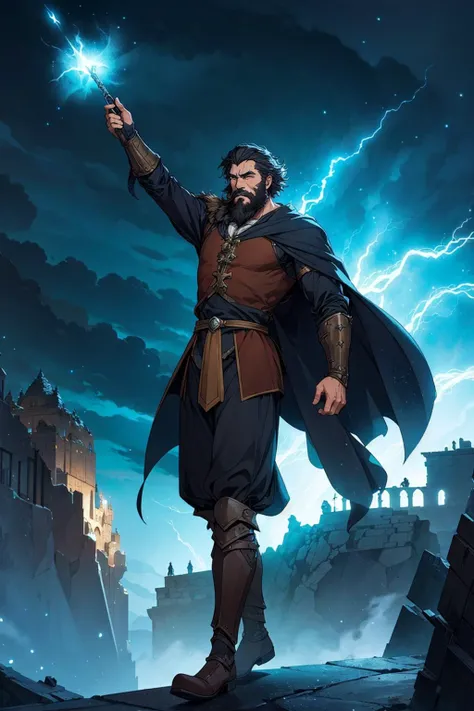 (best quality:1.1),original,medieval fantasy,1boy,elder wizard,dynamic pose,beard,magic,(particle effects:1.1),(stormy:1.1),(windy:1.1),(debris:1.1),dramatic lighting,outdoors