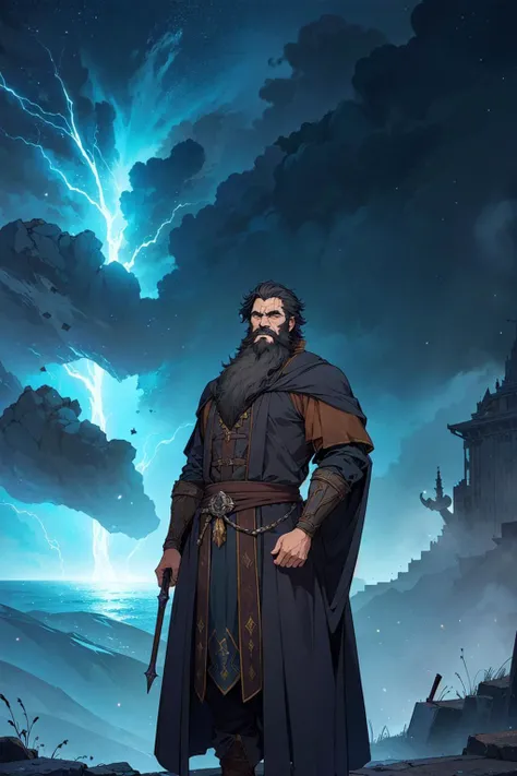 (best quality:1.1),original,medieval fantasy,1boy,elder wizard,beard,magic,(particle effects:1.1),outdoors,(stormy:1.1),(windy:1.1),(debris:1.1),dramatic lighting