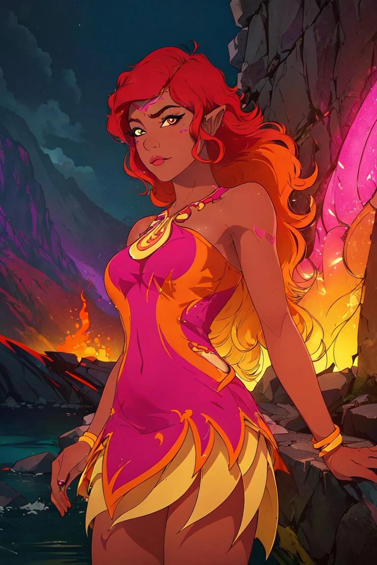 (AzariFiredancer:1.5), (dark skin, red hair, brown eyes), red to orange gradient hair, (realistic:1.2), (masterpiece:1.2), (full-body-shot:1),(Cowboy-shot:1.2), neon lighting, dark romantic lighting, (highly detailed:1.2),(detailed face:1.2), (gradients), colorful, detailed eyes, (detailed landscape:1.2), (natural lighting:1.2), close shot, solo, 1girl, <lora:LEGOElvesAzari-10:0.8> <lora:add_detail:0.3> <lora:BeautifulEyes:0.6>