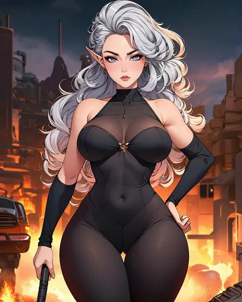 1 girl, adult (elven:0.7) woman, peach eyes, silver half-up half-down hairstyle,, crimped hair, madmax
