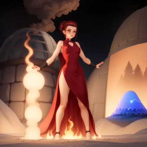 full body portrait of thiefezri wearing red dress, pouting frown, eyes wide open in shock, looking downwards, night, particles, burning igloo in the background, looking at viewer, volumetric lighting, best quality, masterpiece,<lora:thiefezri-200-768:.6>
