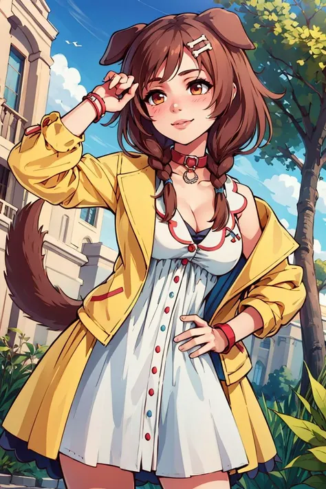 ((masterpiece,best quality)), ik1, 1girl, white dress, yellow jacket, dog tail, animal collar, cleavage, medium breasts, wristband, cartoon bone, hairclip, <lora:inugami_korone_v1:0.7>, cowboy shot, standing, outdoors, smile, hand on hip,