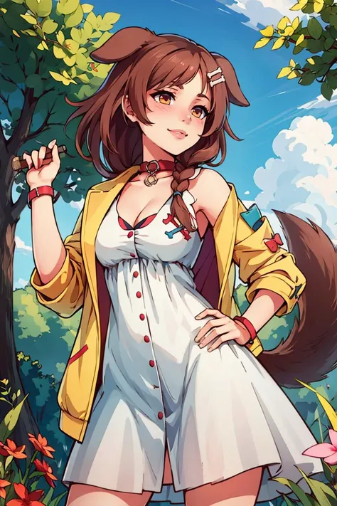 ((masterpiece,best quality)), ik1, 1girl, white dress, yellow jacket, dog tail, animal collar, cleavage, medium breasts, wristband, cartoon bone, hairclip, <lora:inugami_korone_v1:0.7>, cowboy shot, standing, outdoors, smile, hand on hip,