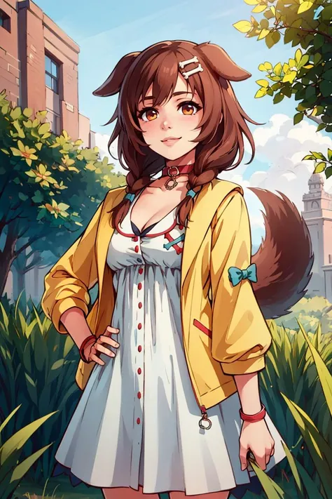 ((masterpiece,best quality)), ik1, 1girl, white dress, yellow jacket, dog tail, animal collar, cleavage, medium breasts, wristband, cartoon bone, hairclip, <lora:inugami_korone_v1:0.7>, cowboy shot, standing, outdoors, smile, hand on hip,