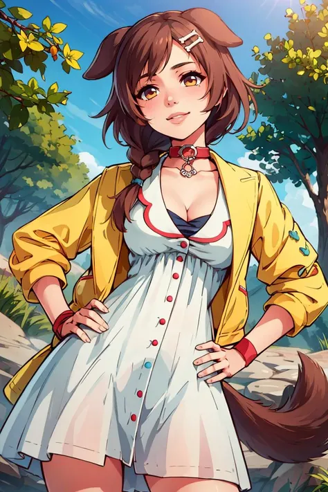 ((masterpiece,best quality)), ik1, 1girl, white dress, yellow jacket, dog tail, animal collar, cleavage, medium breasts, wristband, cartoon bone, hairclip, <lora:inugami_korone_v1:0.7>, cowboy shot, standing, outdoors, smile, hand on hip,