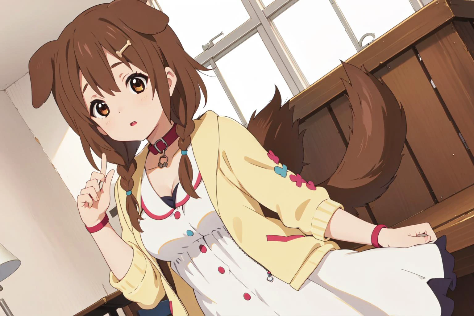 (best quality), highres, <lora:add_detail:-0.6> <lora:KonF:0.9> <lora:inugami_korone_v1:0.7> ik1, 1girl, white dress, yellow jacket, dog tail, animal collar, cleavage, medium breasts, wristband, cartoon bone, hairclip
