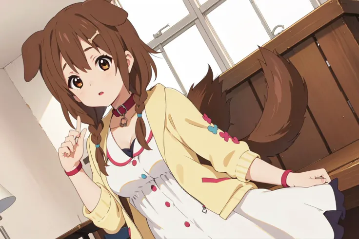 (best quality), highres, <lora:add_detail:-0.6>  <lora:KonF:0.9>  <lora:inugami_korone_v1:0.7> ik1, 1girl, white dress, yellow jacket, dog tail, animal collar, cleavage, medium breasts, wristband, cartoon bone, hairclip