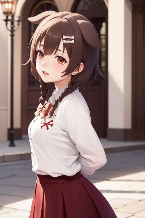 (best quality), highres, <lora:add_detail:-0.6> <lora:inugami_korone_v1:0.7> ik2, 1girl, inugami korone, white shirt, brown skirt, twin braids, hat, animal ears, long sleeves, plaid bowtie, medium breasts, hairclip, worried, blush, from side, hands behind back