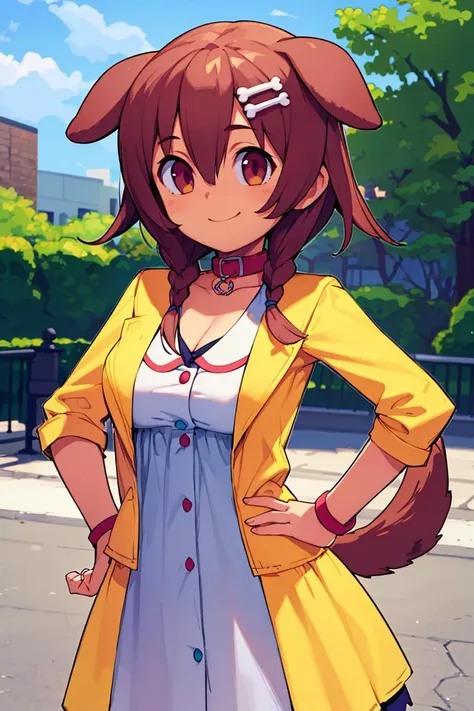 <lora:Sweet_CAT:0.8>,((masterpiece,best quality)), ik1, 1girl, white dress, yellow jacket, dog tail, animal collar, cleavage, medium breasts, wristband, cartoon bone, hairclip, <lora:inugami_korone_v1:0.7>, cowboy shot, standing, outdoors, smile, hand on hip,