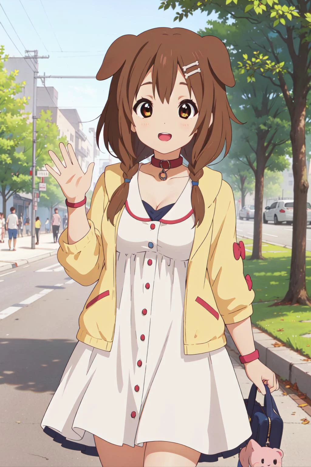 (best quality), highres, <lora:add_detail:-0.6> <lora:KonF:0.9> <lora:inugami_korone_v1:0.7> ik1, 1girl, white dress, yellow jacket, dog tail, animal collar, cleavage, medium breasts, wristband, cartoon bone, hairclip, park, waving, happy