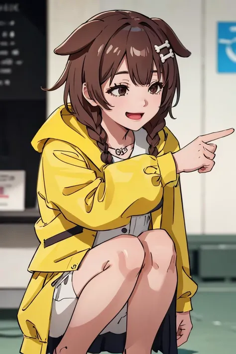 Highly detailed, High Quality, masterpiece, ik1, 1girl, white dress, yellow jacket, cartoon bone, <lora:finger_point_at_others:0.9> smile, squatting, <lora:inugami_korone_v1:0.7>