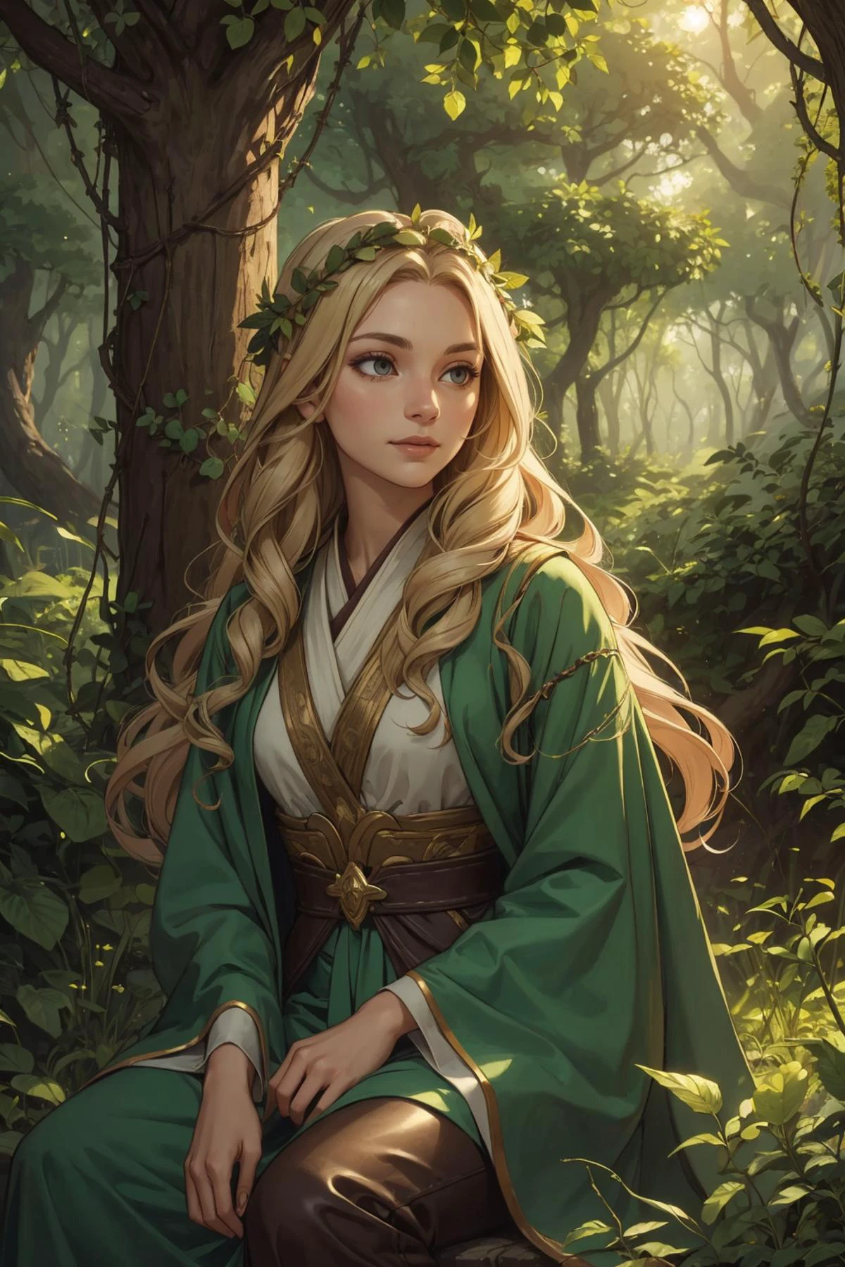 (masterpiece, best quality:1.2), <lora:smol02:0.4>, <lora:tangbohu-line_1.0:0.6>,
1 girl, adult (elven:0.7) woman, grey eyes, medium blonde prom hairstyle,
<lora:GoodHands-beta2:0.8>,
focus on character portrait, solo, (full body:0.6), looking away, detailed background, detailed face, (renaissance theme:1.1), joyful expression, forest druid, wearing natural colored green flowing robes, leather, druid staff, feathers, sitting, healing magic, sigils, glowing orbs, leaves , vines, roots, branches, bushes, sunshine, bloom, sacred grove in background, ethereal peaceful atmosphere, earth tones,