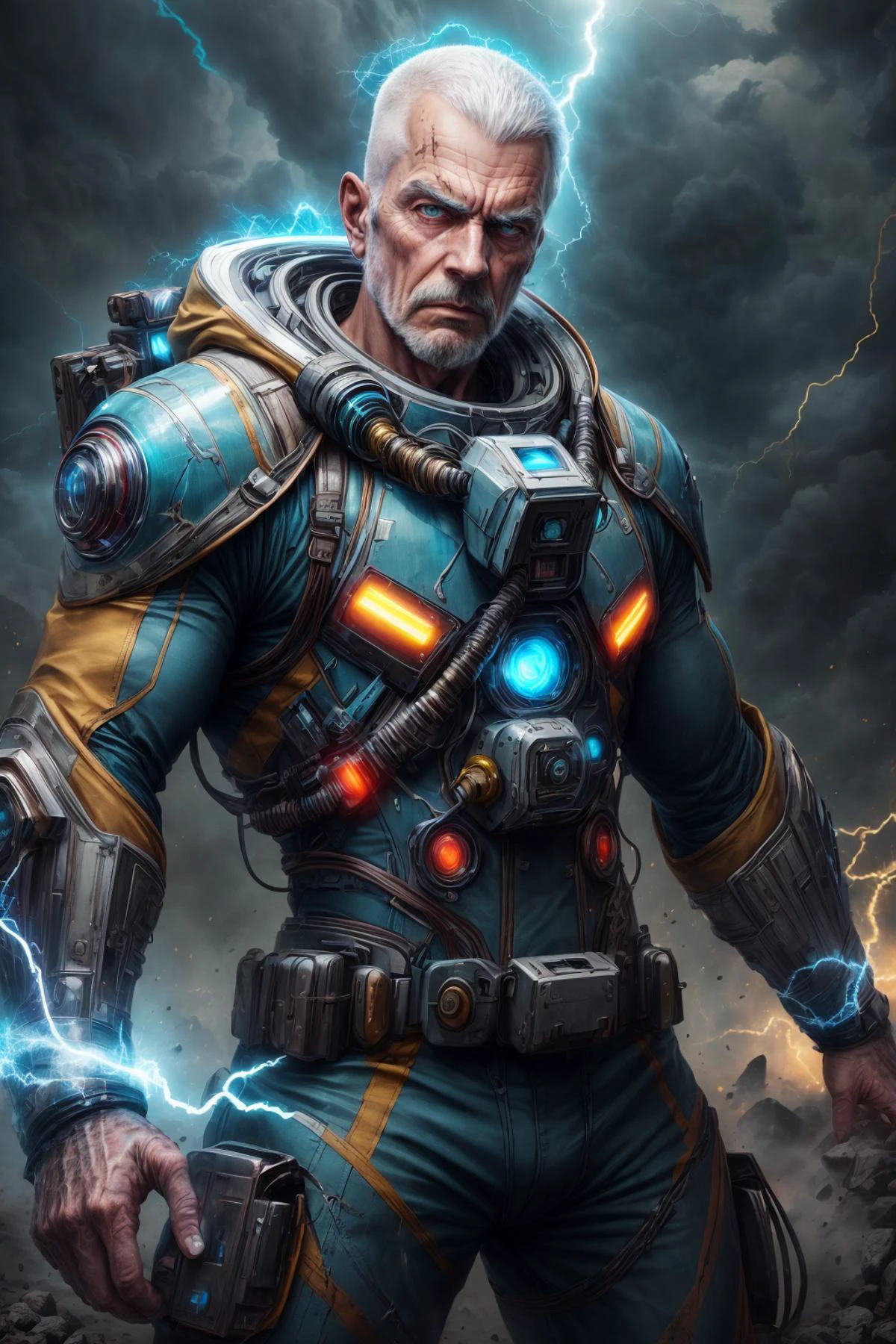 (best quality, masterpiece, realistic, detailed), 8k CG, perfect artwork, <lora:add_detail:1>
(1man, old male:1.2), frail, teal eyes, white hair, shaved head,
solo, upper body, looking at viewer, detailed background, detailed face, (<lora:JoltTech:0.6>, excessive energy, bolt, jolttech theme:1.1), futuristic soldier, wearing space-suit, infrared vision, dirt, helmet, holographics projections, serious face, taking cover, glowing red neon lights, hangar in background, storm, cinematic atmosphere,