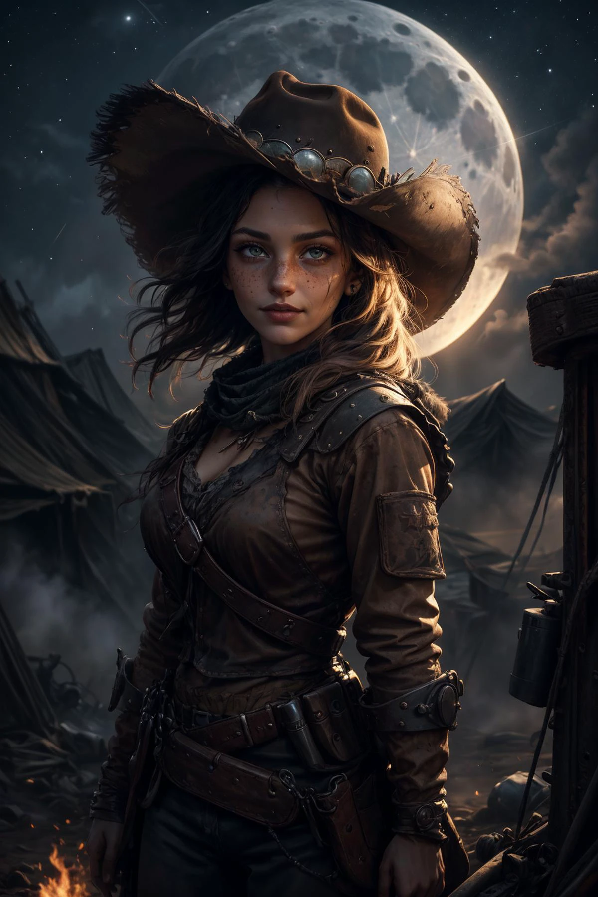 masterpiece, best quality, ultra high res, art, (abstract art:1.1), stylized, <lora:tangbohu-detailer_1.0:0.75>, <lora:realistic:0.25>, <lora:sharpen-soften:-0.25>, <lora:stylesqueeze_v2:0.5>,
1 girl, adult (elven:0.7) woman, freckles, jade eyes, dark brown updo hairstyle,
looking up, focus on character, solo, upper body, detailed face, (madmax theme:1.1), bandit, wild west hat, tilted hat, (cape:0.8), sheriff badge, dynamic movement, grinning, 18th century wild west, american frontier, wild west era campsite in background, nighttime, moonlit sky, epic atmosphere, wind blowing,
