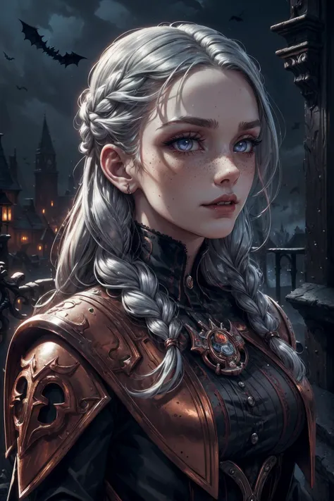 beautiful and detailed illustration, pop art, masterpiece, best quality, ultra-detailed, soft lighting, cinematic shot, vibrant colors, gorgeous colors, <lora:add_detail:0.3>, <lora:stylesqueeze_v2:0.5>,
1 girl, adult woman, freckles, silver eyes, copper dutch braid,
solo, upper body, looking away, detailed background, detailed face, (warhammer 40k theme:1.1) vampire, vampiric, pale skin, vampire fangs, tattered vampire clothes, sinister posture, dark expression, haunting, bats in background, cobwebs, dark castle in background, moonlit sky, contrast, mist, shadows, mysterious atmosphere,