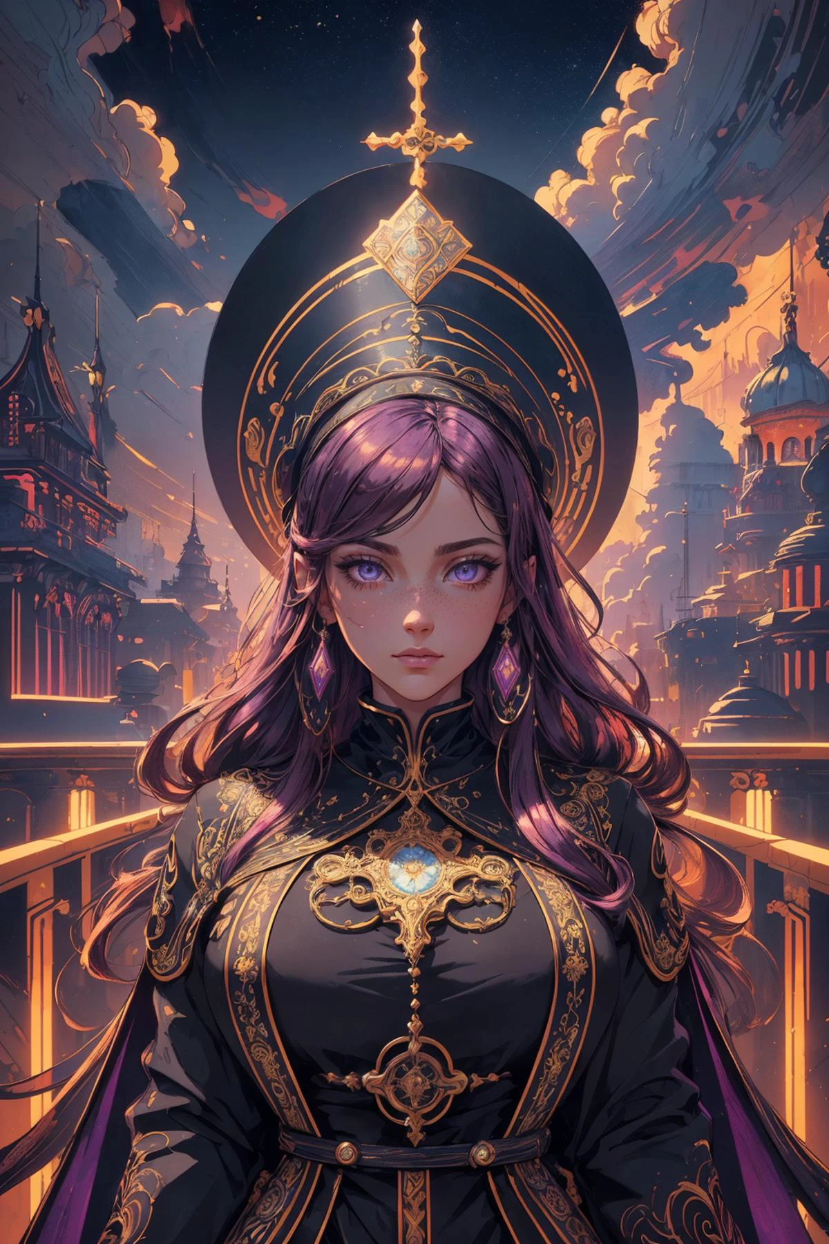 (Neo-Byzantine, grand decorative religious style, Orthodox Christian inspired, Neo-Byzantine,:1.1), beautiful and detailed illustration, pop art, masterpiece, best quality, ultra-detailed, soft lighting, cinematic shot, vibrant colors, gorgeous colors, <lora:add_detail:0.3>, <lora:stylesqueeze_v2:0.5>,
1 girl, adult (elven:0.7) woman, freckles, purple eyes, dark blonde shaggy hair,
Style-GravityMagic, (focus on character:1.1), portrait, solo, (full body:0.6), detailed background, detailed face, (<lora:Neonpunkai-8:0.4>, Neonpunkai, neon theme:1.1), aristocratic pose, awestruck, ruling class, elegant clothing, elegant hat, looking up at floating (cloud city:1.1), utopian cloudtop sky-city, floating platforms, floating buildings, dome, railing, bridges, clouds in background, zeppelin in background, wind blowing, cinematic atmosphere,