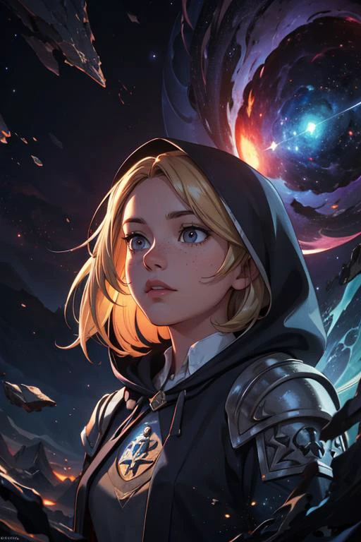 highres, detailed, <lora:detail_slider_v4:1.0>,
<lora:GoodHands-beta2:0.8>
1 girl, adult woman, freckles, black eyes, blonde shaggy hair, ombre,
(style-swirlmagic:0.8), solo, (full body:0.6), looking away, detailed background, detailed face, (hogwarts theme:1.1), glowing eyes, oracle of the armageddon, serenity amidst the chaos, wearing torn armor, hooded,eldritch cataclysm, universe , whirlwind of souls, floating particles, eldritch glyphs, earth erupting, mountains collapsing, supernova in background, dark clouds, apocalyptic atmosphere,